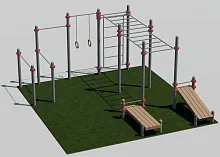 Турник классический, турник с кольцами, брусья, шведская стенка, рукоход разноуровневый и две скамьи для пресса